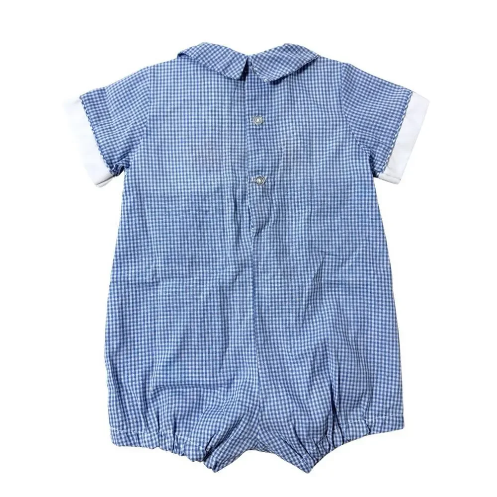 Vintage Alexis Baby Boy Smocked Train Bubble Romper Blue Gingham 6M Jon Jon - Picture 3 of 6
